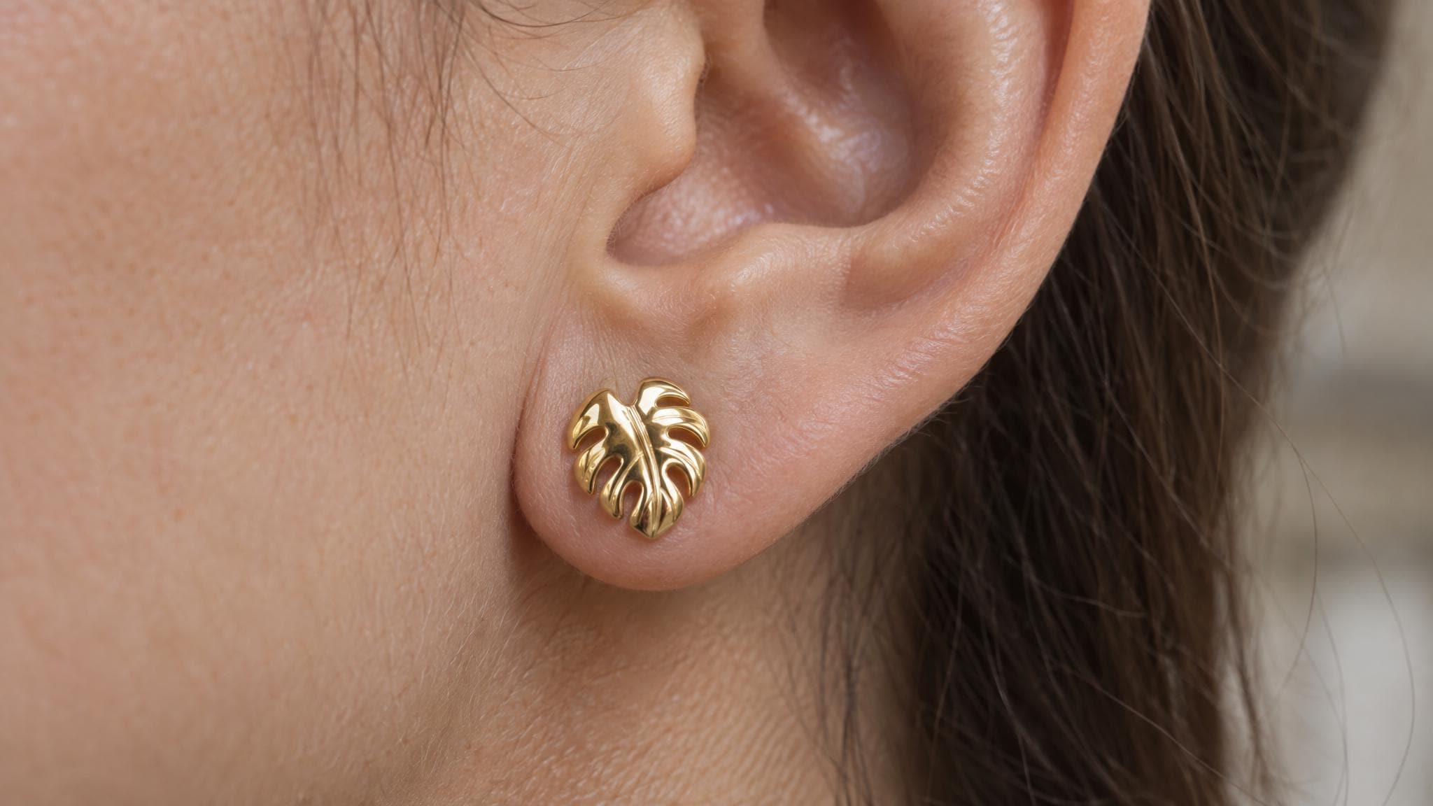 14k Solid Gold Monstera Leaf Earrings: Tropical Plant Jewelry Studs in Yellow Gold, Rose, White, or Silver