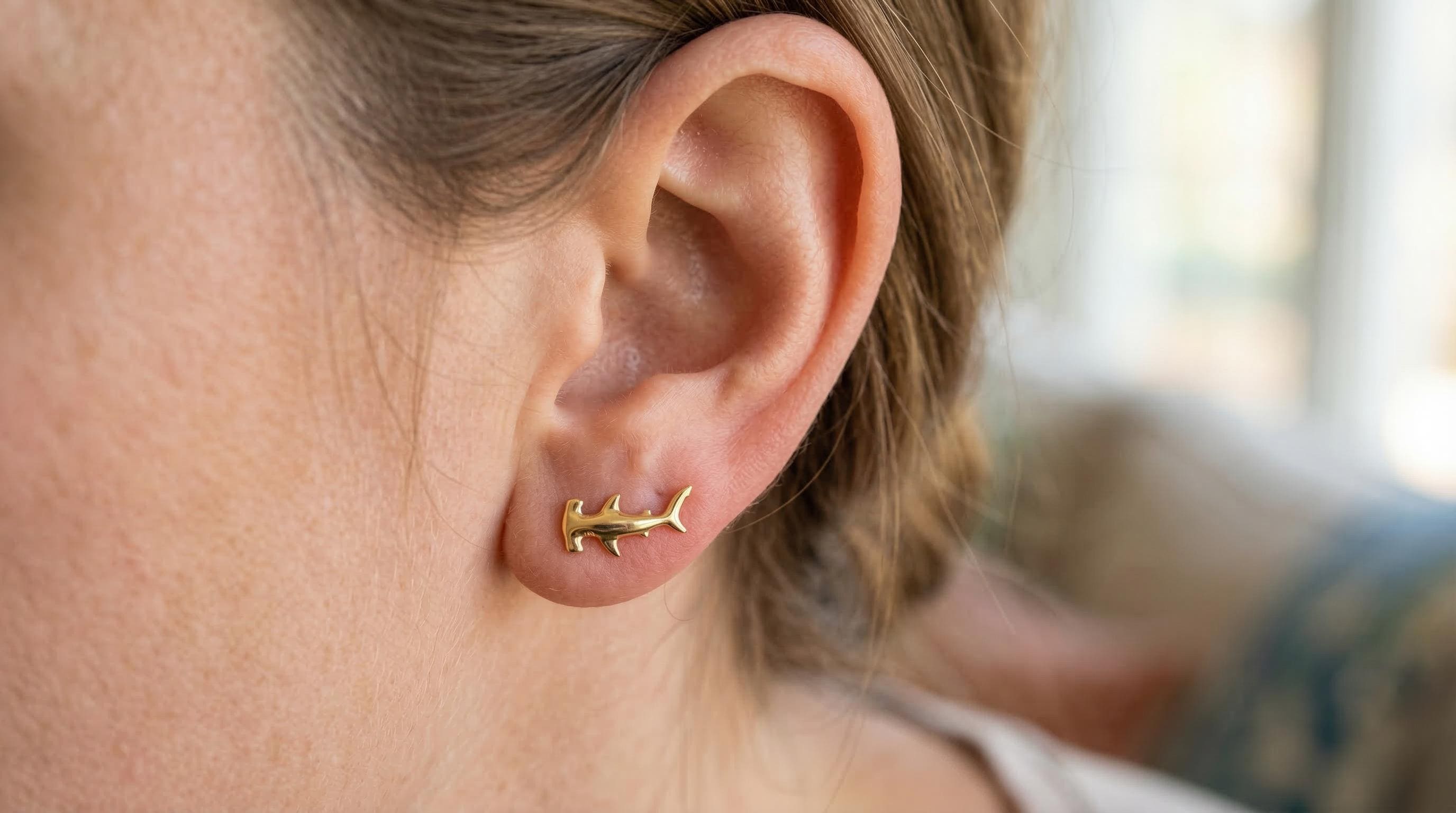 Hammerhead Shark Stud Earrings: Solid 14k Gold or Sterling Silver Shark Jewelry