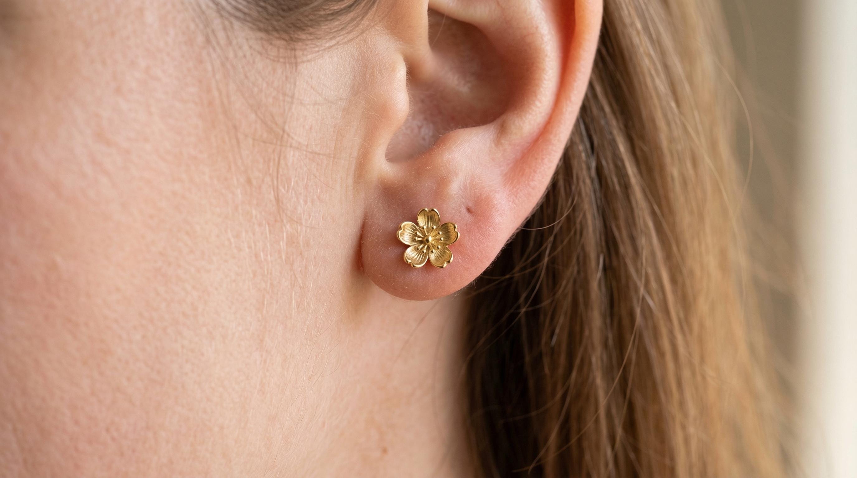 14k Solid Gold Cherry Blossom Earrings: Studs in Yellow Gold, Rose, White, or Silver