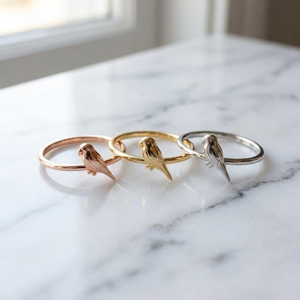 Dainty Solid Yellow Gold Parakeet Ring Minimalist Bird Jewelry