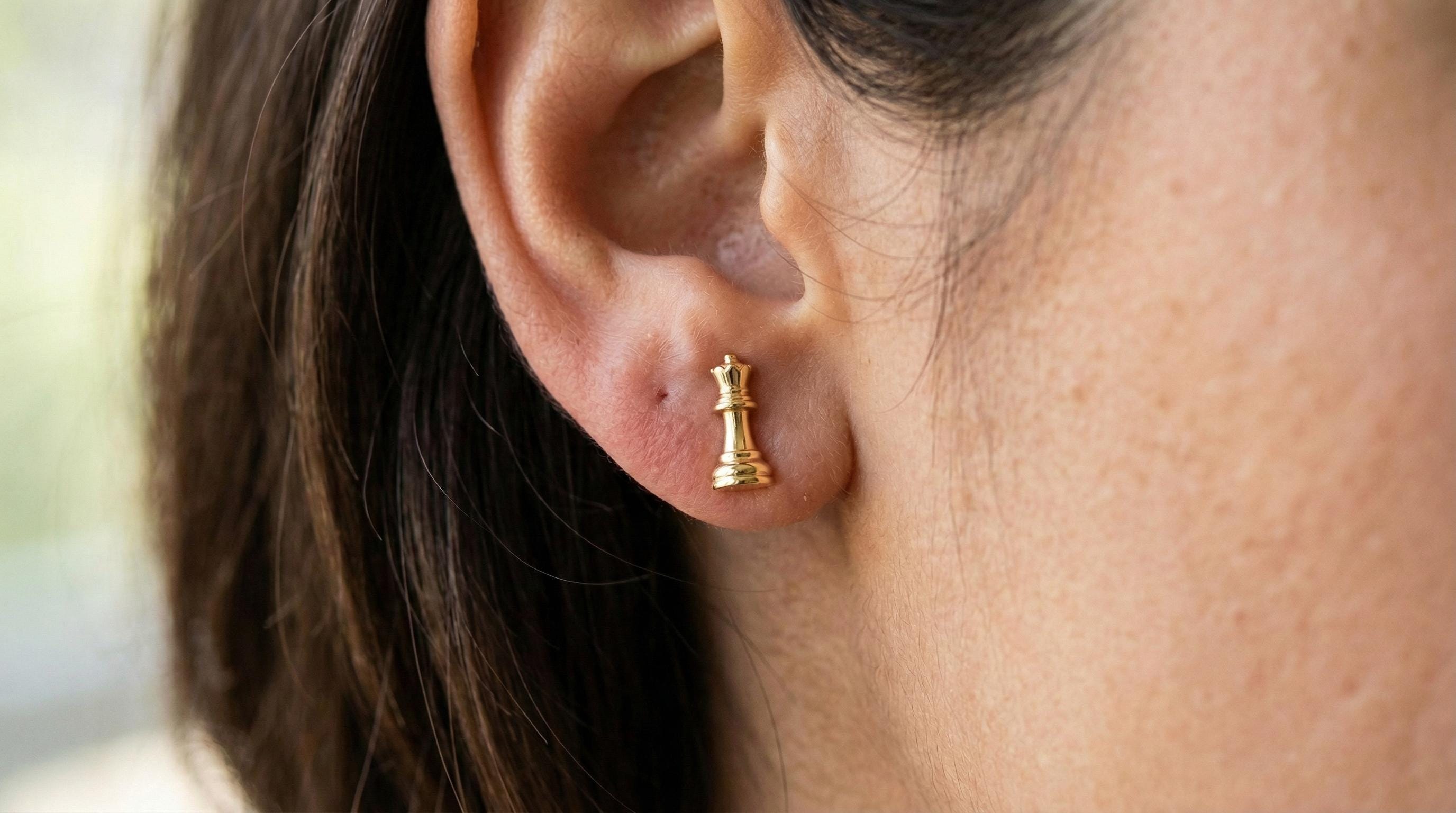 14k Solid Gold Chess Earrings: Chess Piece Jewelry Studs in Yellow, Rose, White, or Silver