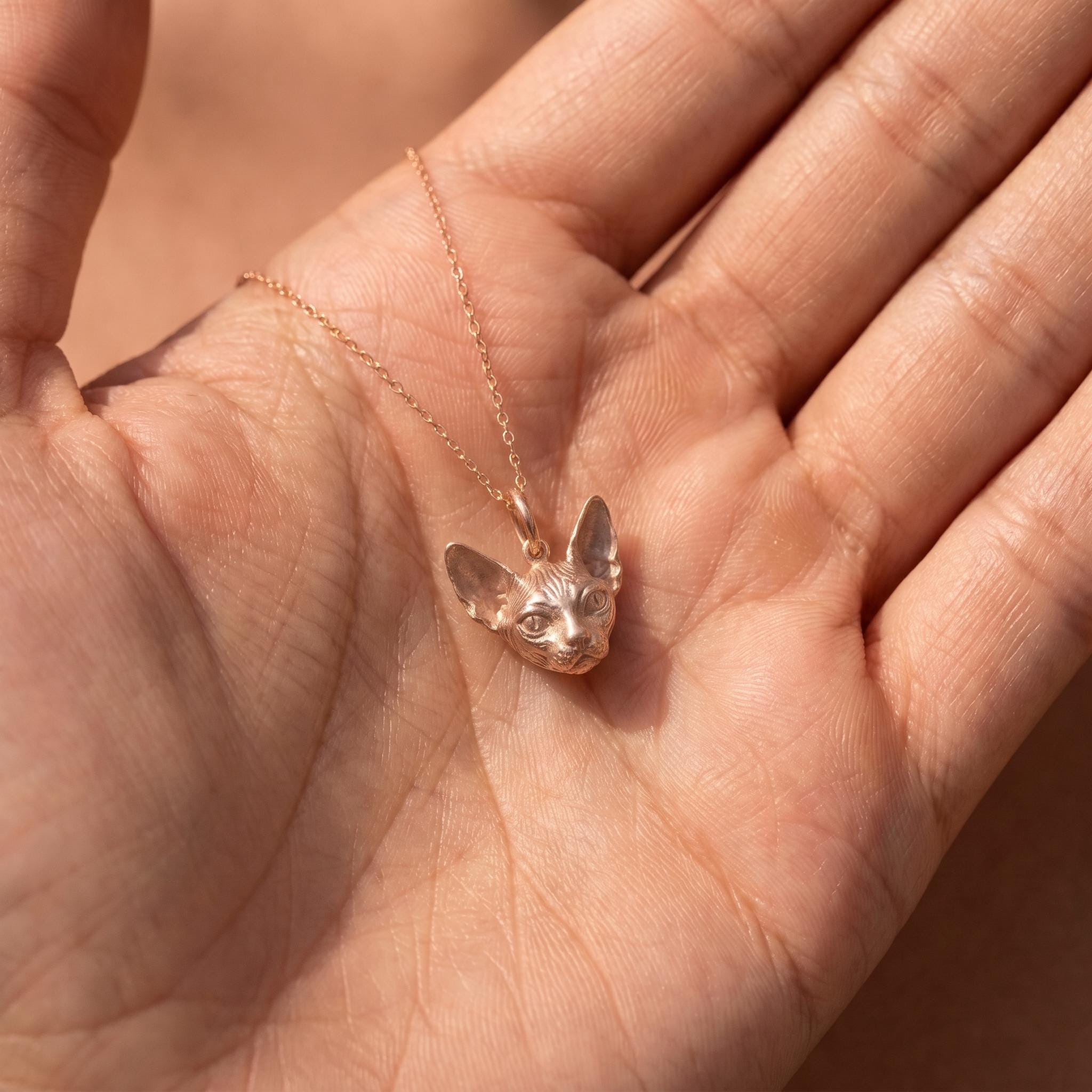Solid Gold Sphynx Cat Charm Necklace – Minimalist Dainty Cat Pendant