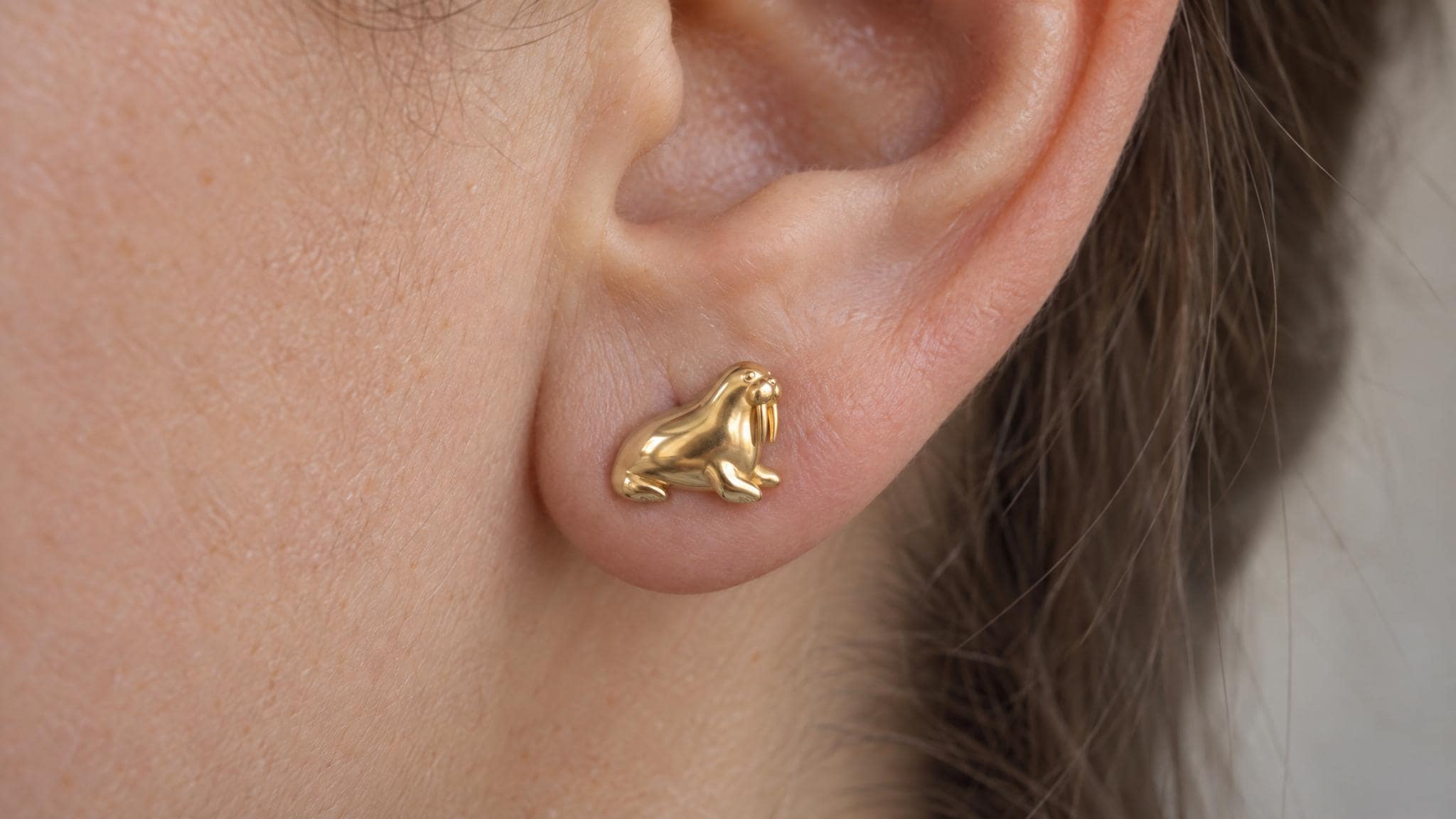 14k Solid Gold Walrus Earrings: Arctic Animal Jewelry Studs in Yellow Gold, Rose, White, or Silver