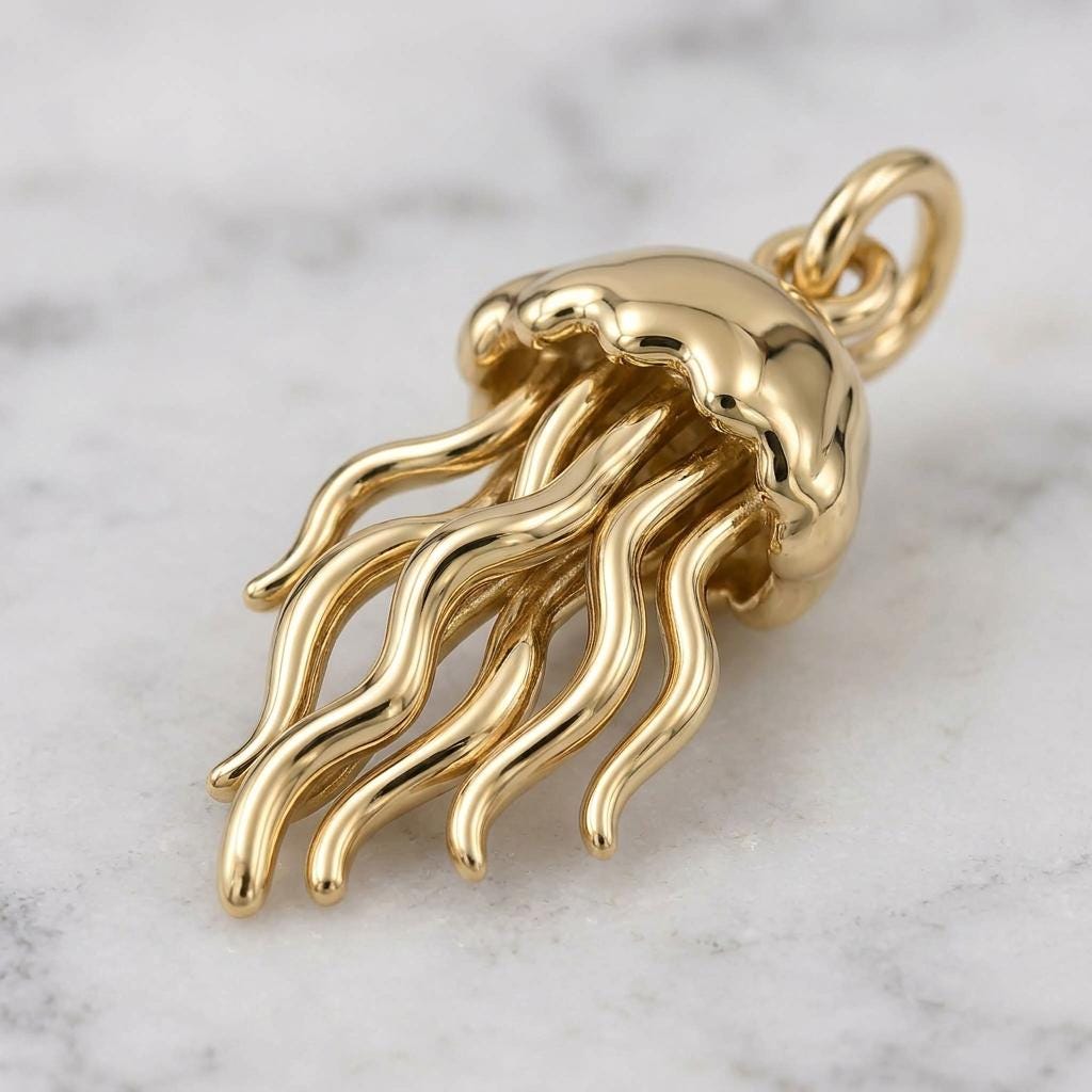 Solid Gold Jellyfish Bracelet Charm in Yellow, Rose, White Gold or Sterling Silver