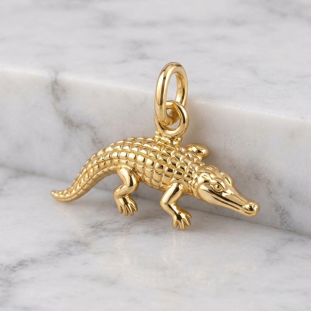 Solid Gold Crocodile Bracelet Charm in Yellow, Rose, White Gold or Sterling Silver