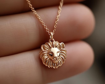 Gold Lion Charm Necklace Yellow Gold Wildlife Pendant Lion Necklace Solid Gold Minimalist Wildlife Charm Dainty Africa Jewelry
