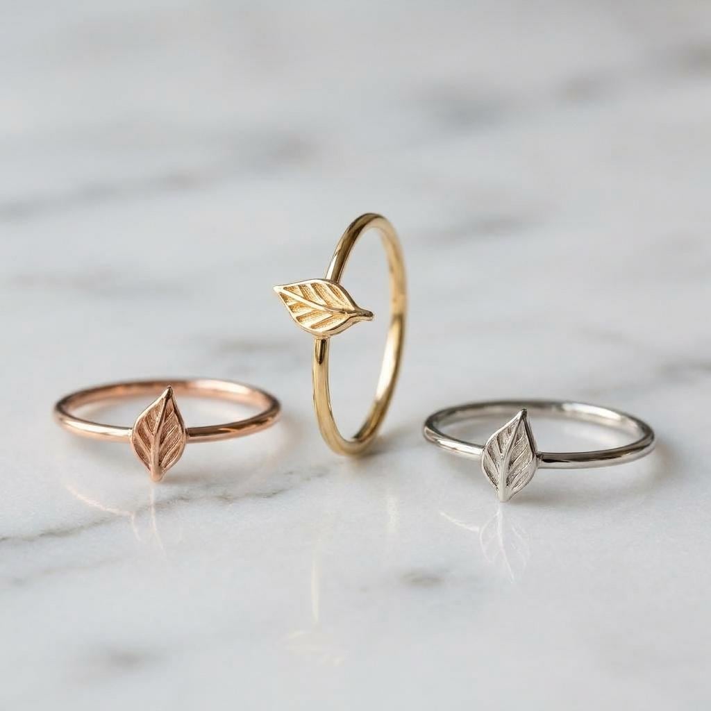 Dainty Solid 10K Yellow Gold Leaf Ring Minimalist Nature Jewelry