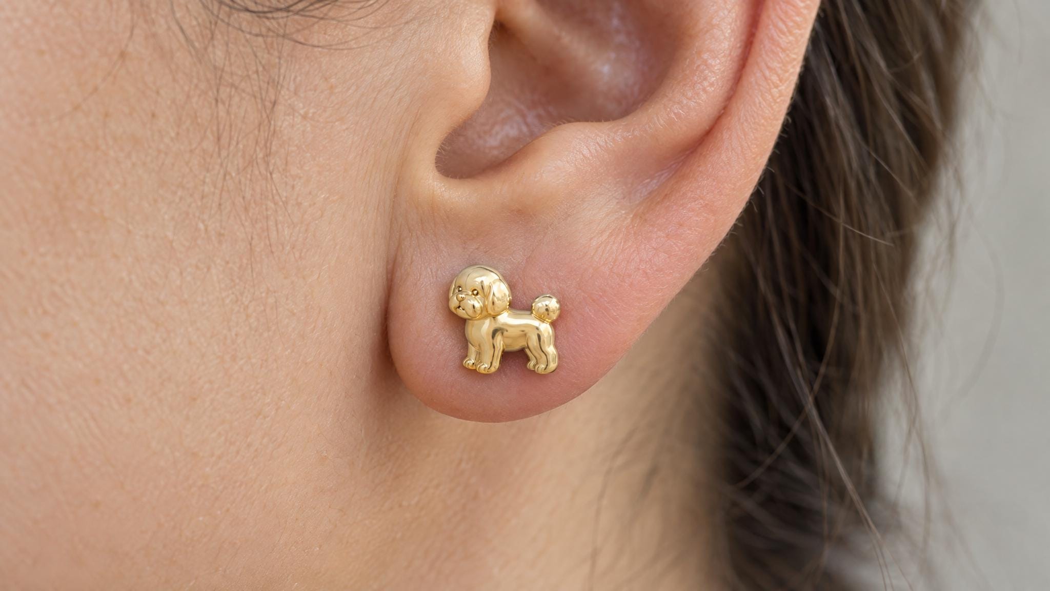 14k Solid Gold Bichon Frise Earrings: Fluffy Dog Jewelry Studs in Yellow Gold, Rose, White, or Silver