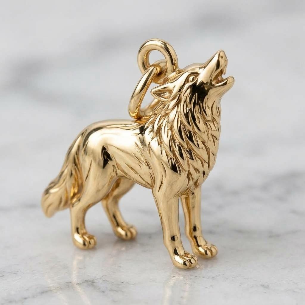 Solid Gold Wolf Bracelet Charm in Yellow, Rose, White Gold or Sterling Silver
