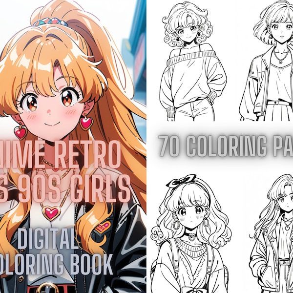 Retro Anime, Manga Coloring Book (70 Pages!) - 80s 90s Girls, Fantasy for Kids & Adults (PDF Download)