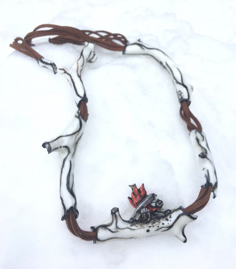 campfire on twig necklace porcelain handmade