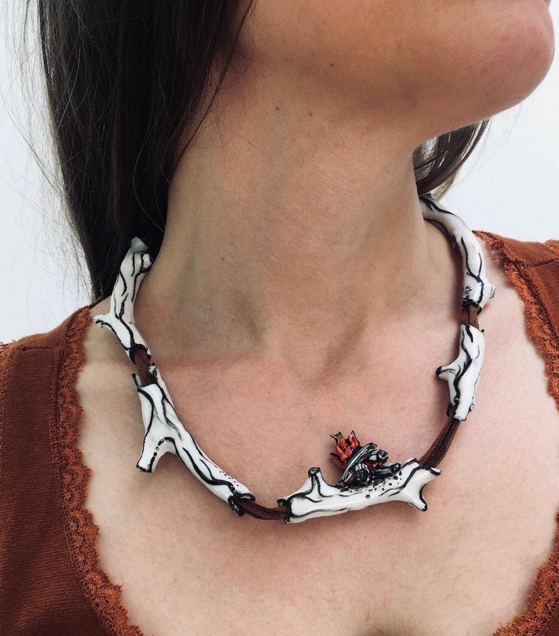 campfire on twig necklace porcelain handmade
