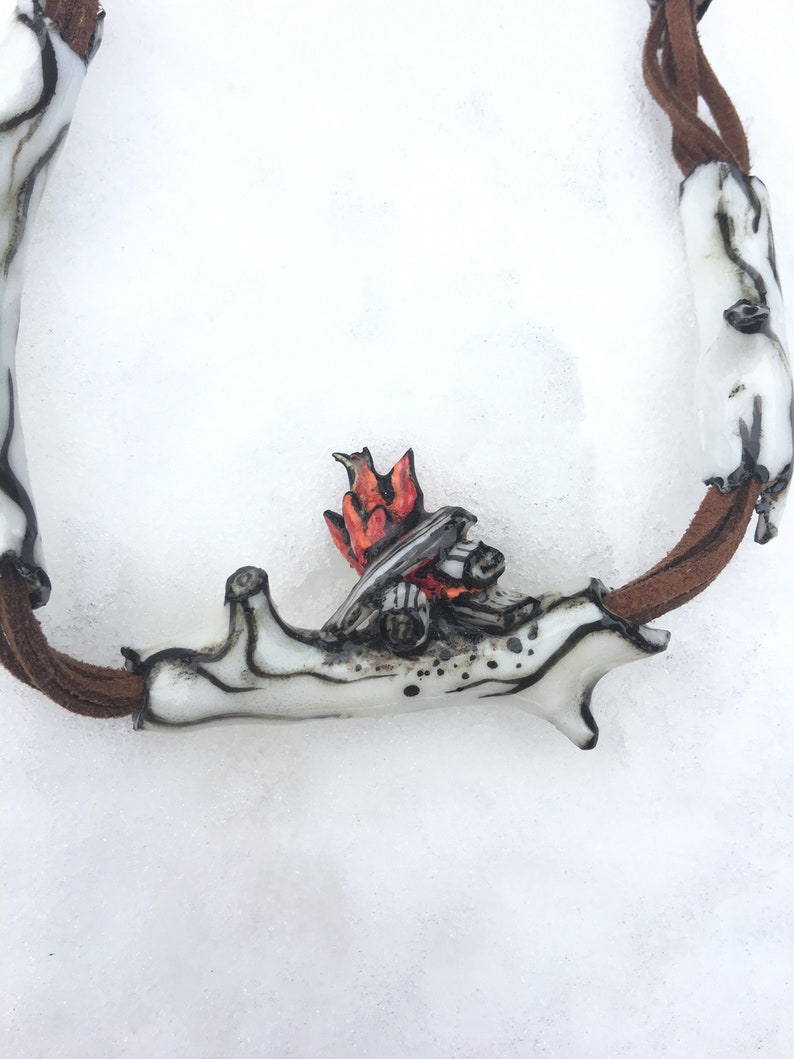 campfire on twig necklace porcelain handmade