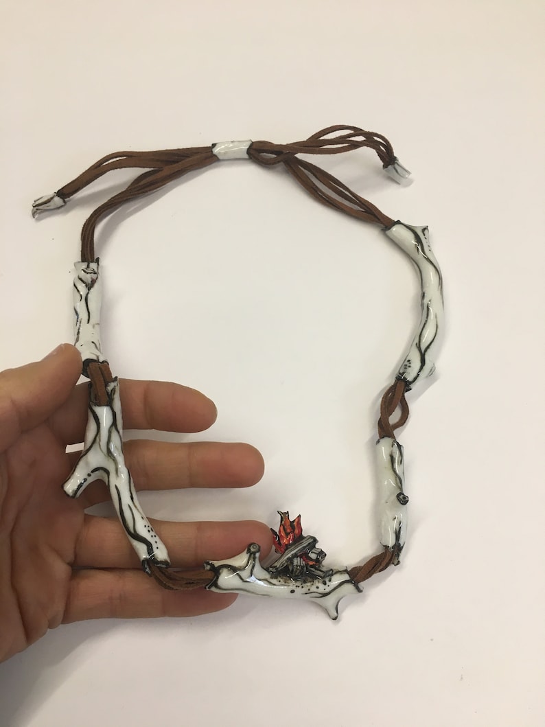 campfire on twig necklace porcelain handmade