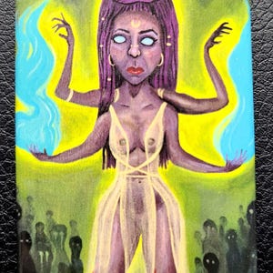 May include: Rectangular artwork featuring a multi-armed figure with purple hair and a white dress, holding blue flames. The background is yellow and green, with shadowy figures at the bottom. The artwork has a surreal, fantasy theme.