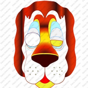 Puede incluir: Una m&aacute;scara de perro roja, amarilla y azul con ojos blancos y una nariz negra. La m&aacute;scara tiene un dise&ntilde;o simple y es perfecta para un disfraz de ni&ntilde;o.