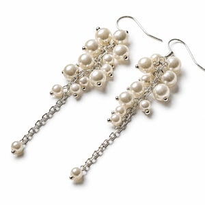 Handmade Bridal Pearl Cluster Earrings,Pearl Wedding Earrings, Elegant Long Drop Earrings for Bride & Bridesmaids