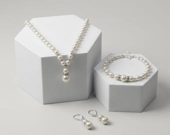 Elegante Perlen Schmuck Set Halskette Armband Ohrringe, Braut Hochzeit zierliche Ivory Perle Set, Brautjungfer Geschenk, klassischer zeitloser Schmuck