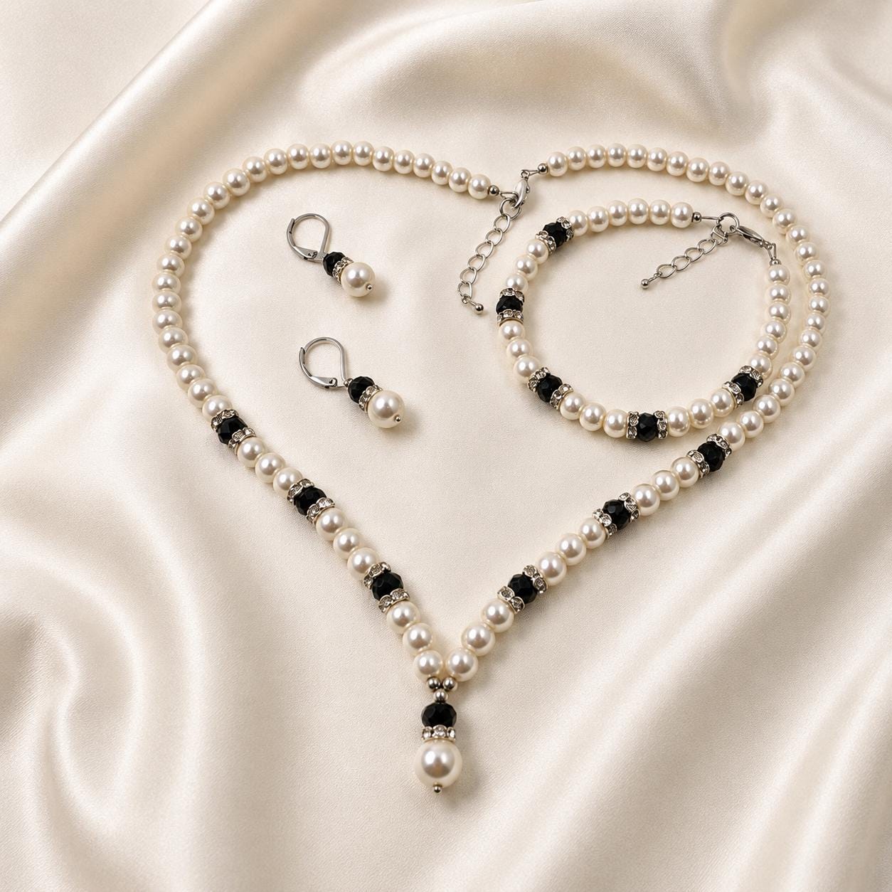 Handmade Pearl Jewelry Set -Dark Crystal Accents,Silver-Tone…