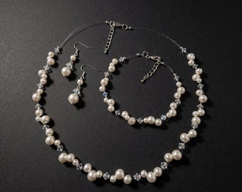 Swarovski Pearl Jewelry Set, Minimalist Illusion Cord Necklace, AB Crystal Bridal Set, Floating Pearl Necklace, Bracelet & Earrings Set