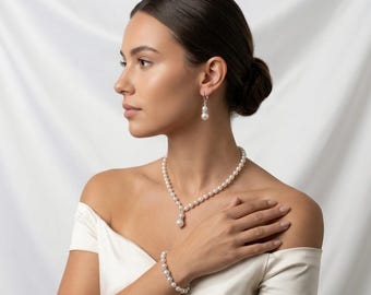 Pearl Jewellery Set Necklace Bracelet Earrings, Bridal Wedding Dainty Ivory Pearl Set, Bridesmaid Gift, Classic Timeless Jewelry