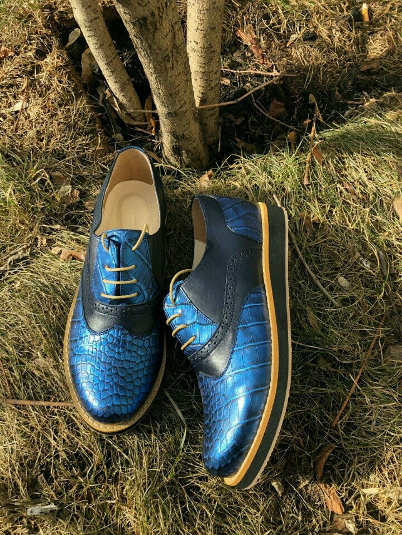 Blue Leather Shoes Black Leather Oxford Shoes Close Shoes | Etsy