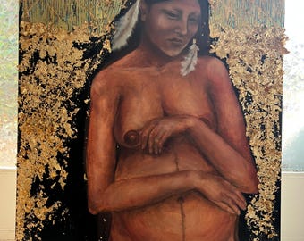 Original Mixed Media Painting – Motherhood, Gold Leaf, Contemporary Figurative Art