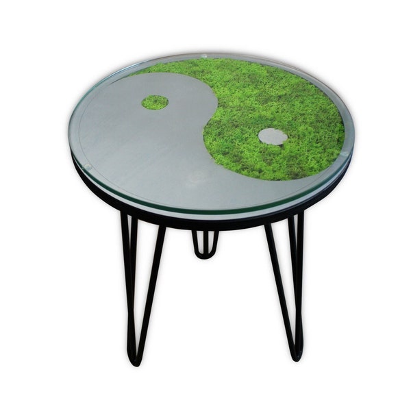 Yin et Yang - Table basse avec mousse d'Islande - Table d'appoint avec plateau en verre - avec pieds métalliques noirs - pièce de designer