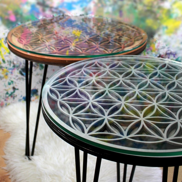 Fleur de vie - Table basse - Table d'appoint avec plateau en verre - avec pieds en métal noir - pièce de designer - Flower of life