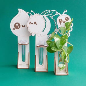 Può includere: Tre stazioni di propagazione in legno con ritagli di cartoni animati di una goccia d'acqua, un'ape e una coccinella. Ogni stazione contiene un tubo di vetro trasparente con un liquido blu. Una pianta con foglie verdi è in un tubo. Lo sfondo è verde acqua.