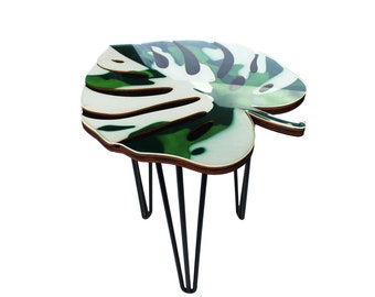 Monstera albo veriegata - coffee table - side table with glass top - black metal legs - designer piece - gift for plant lovers