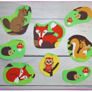 Könnte beinhalten: Ein Set aus acht bunten Filz-Tier-Ausschnitten, darunter ein Fuchs, eine Eule, ein Eichhörnchen, ein Biber und ein Igel. Die Ausschnitte befinden sich auf einem Holzgrund.