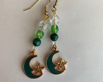 Green & Gold Crescent Moon Earrings, Malachite Earrings, Celestial Earrings