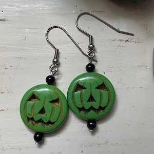 Green and Black Pumpkin Earrings, Jack-o-lantern Earrings, Halloween Earrings