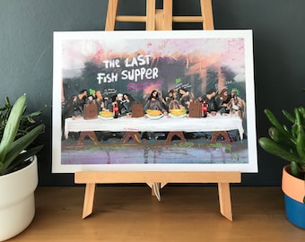 May include: A painting depicting a modern interpretation of The Last Supper, with the title "The Last Fish Supper" written above the scene. The painting features a group of people sitting at a table, with a variety of food and drinks in front of them. The painting is done in a colorful and expressive style, with a lot of detail and texture.