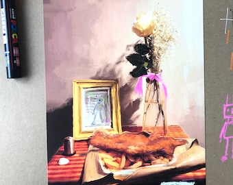 May include: A painting of a still life with a plate of fish and chips, a vase of white flowers, and a framed drawing of a robot. The painting is signed "Helen-Finlayson" and "RK".