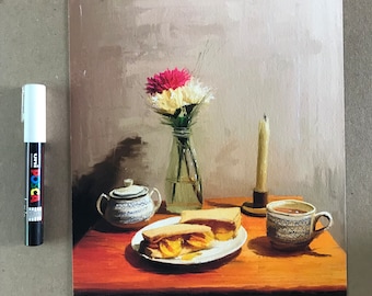 May include: A still life painting of a table setting with a plate of sandwiches, a cup of tea, a sugar bowl, a vase of flowers, and a candle. The painting is titled "Crisp Sandwich Oil on potatoes, in bread. Reijdenping ca. 2018" and signed "RK".