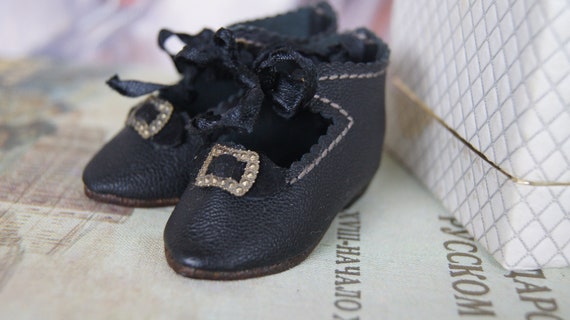 Tiny 35mm LEATHER SHOES  for ANTIQUE DOLL Vintage "Jumeau"  Shoes 