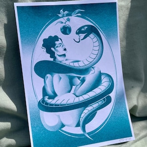 Eve et le serpent - A5 - impression d'art haute qualité risographe - carte épaisse recyclée - Art LGBT - cadeau - fantaisiste