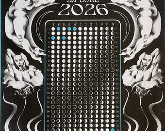 2026 Moon Phase Tracker Calendar: Signed Risograph Art Print by Florence Burns (A3) - Zodiac, Christmas, New Year, Gift, Lunar