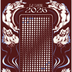 May include: A 2026 calendar with the words "La Lune" at the top. The calendar has a dark red background, blue border, and illustrations of nude figures. The calendar grid displays the days of the month.