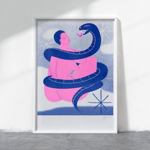 Snake Risograph - LGBT Art - A4 - Risograph High Quality Art Print - 250gsm Recycled, Natural, Uncoated, Thick Card