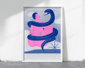 Snake Risograph - LGBT Art - A4 - Risograph High Quality Art Print - 250gsm Recycled, Natural, Uncoated, Thick Card