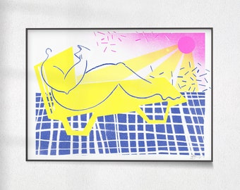 Sun Bathing Risograph - LGBT Art - A5 - Risograph High Quality Art Print - 250gsm Recycled, Natural, Uncoated, Thick Card