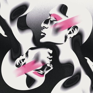 May include: Abstract digital art featuring two stylized human faces in profile, rendered in grayscale with a grainy texture. A vibrant pink band intersects each face, highlighting the eyes and lips. The composition creates a sense of movement and depth.