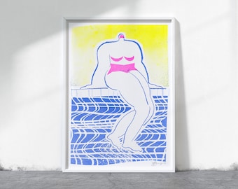 Swimming Risograph - Valentines Gift - LGBT Art - A5 - Risograph High Quality Art Print - 250gsm Recycled, Natural, Uncoated, Thick Card