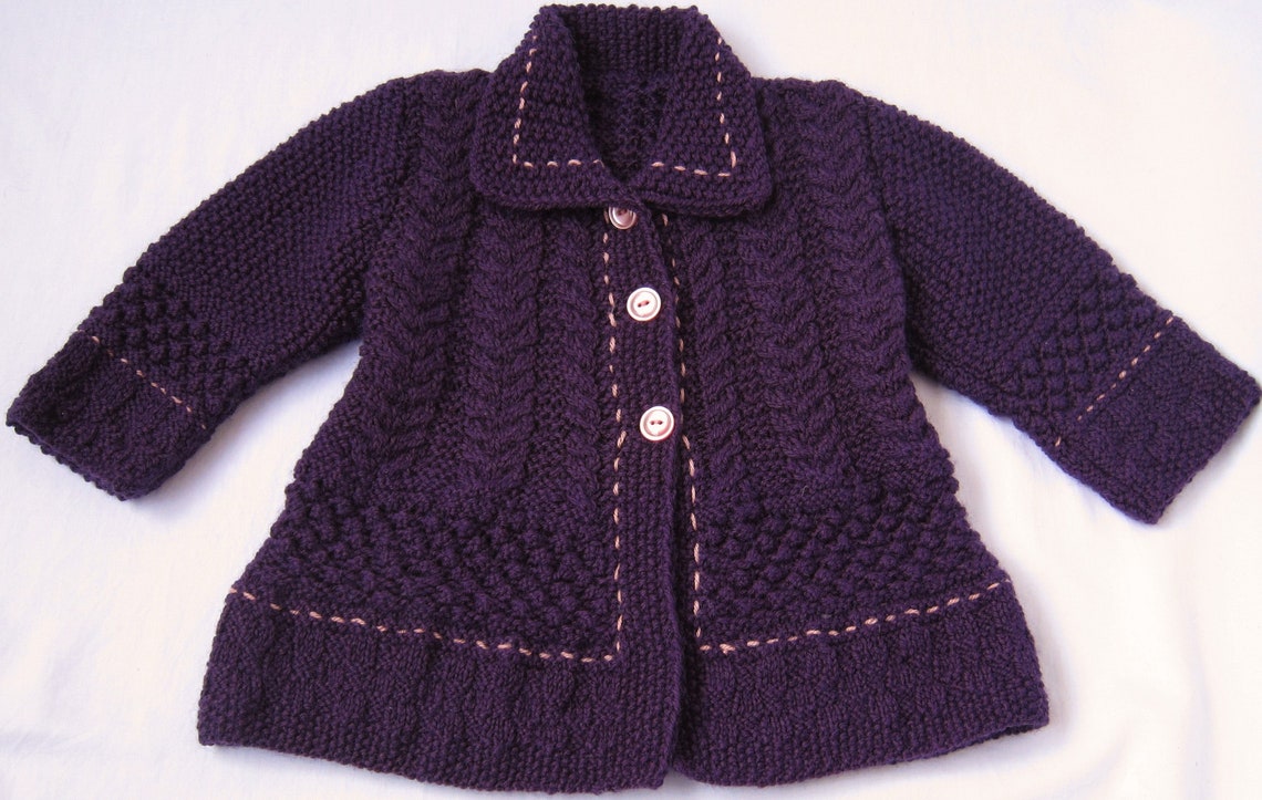 Girls Purple Cardigan Hand Knitted Aran Jacket Pure Wool Kids Etsy