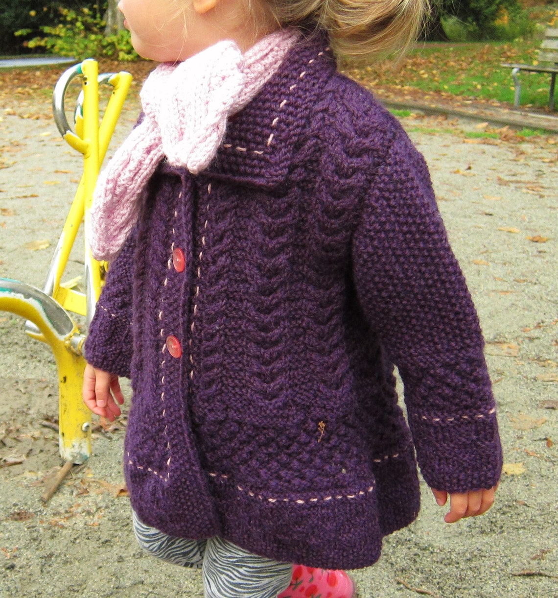 Girls Purple Cardigan Hand Knitted Aran Jacket Pure Wool Kids Etsy