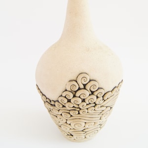 Elegant vase with narrow neck and high white ceramic, enamelled interior, unique handcrafted piece, 7cm base, width 14cm, height 30cm