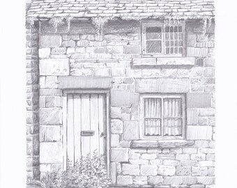 Old Cottage, Chipping Campden, Cotswolds, England. ORIGINAL pencil drawing. FREE frame and postage.